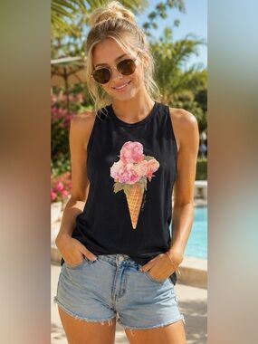 Betsey Johnson Black Tank with Pink Floral Ice Cream Cone Graphic